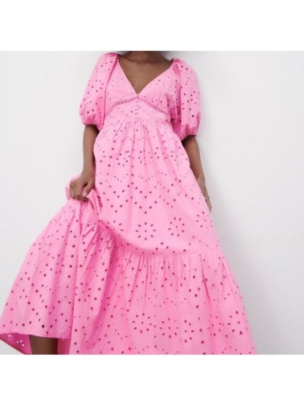 Zara SS22 Pink Openwork Embroidered Eyelet Midi Tiered Dress